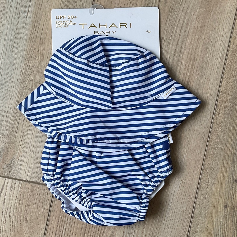 NWT Tahari Baby Sun Hat and Swim Diaper Set Size 6 Month Coastal Babycore